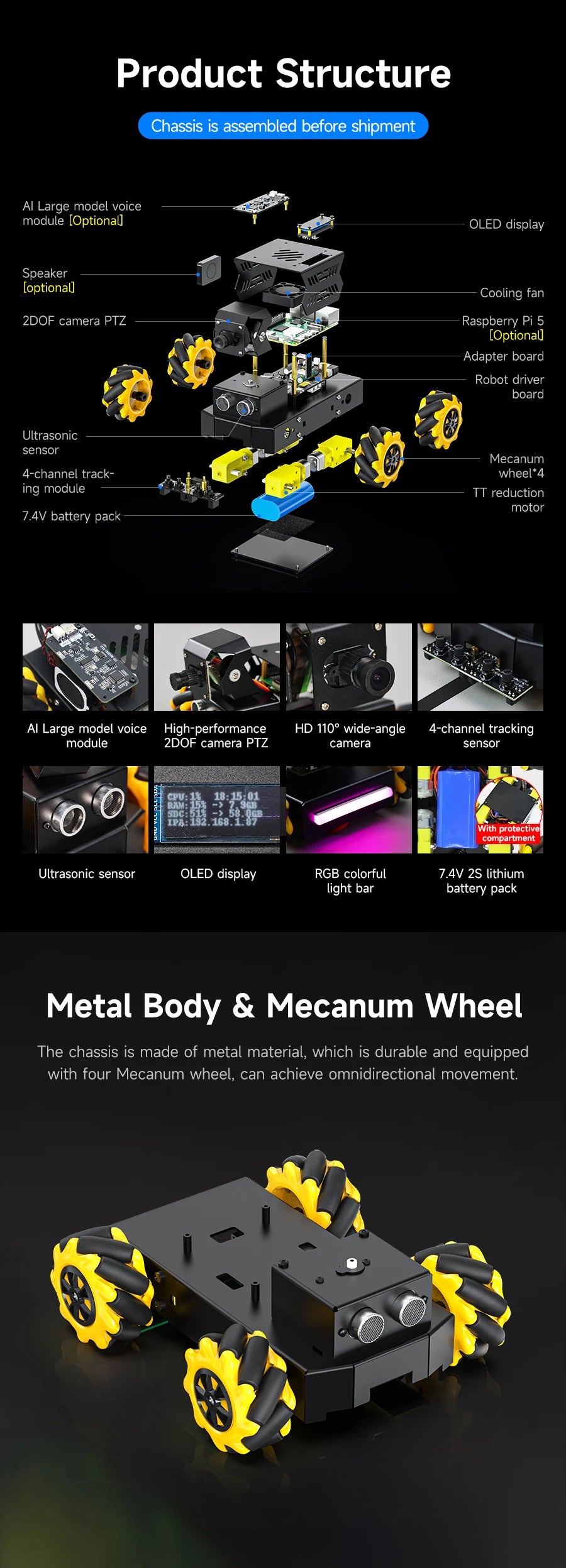 Raspberry Pi 5 4WD Mecanum Robot Car AI Large Model With Camera DIY Educational ROS2-Humble Python Programming Set for Beginners