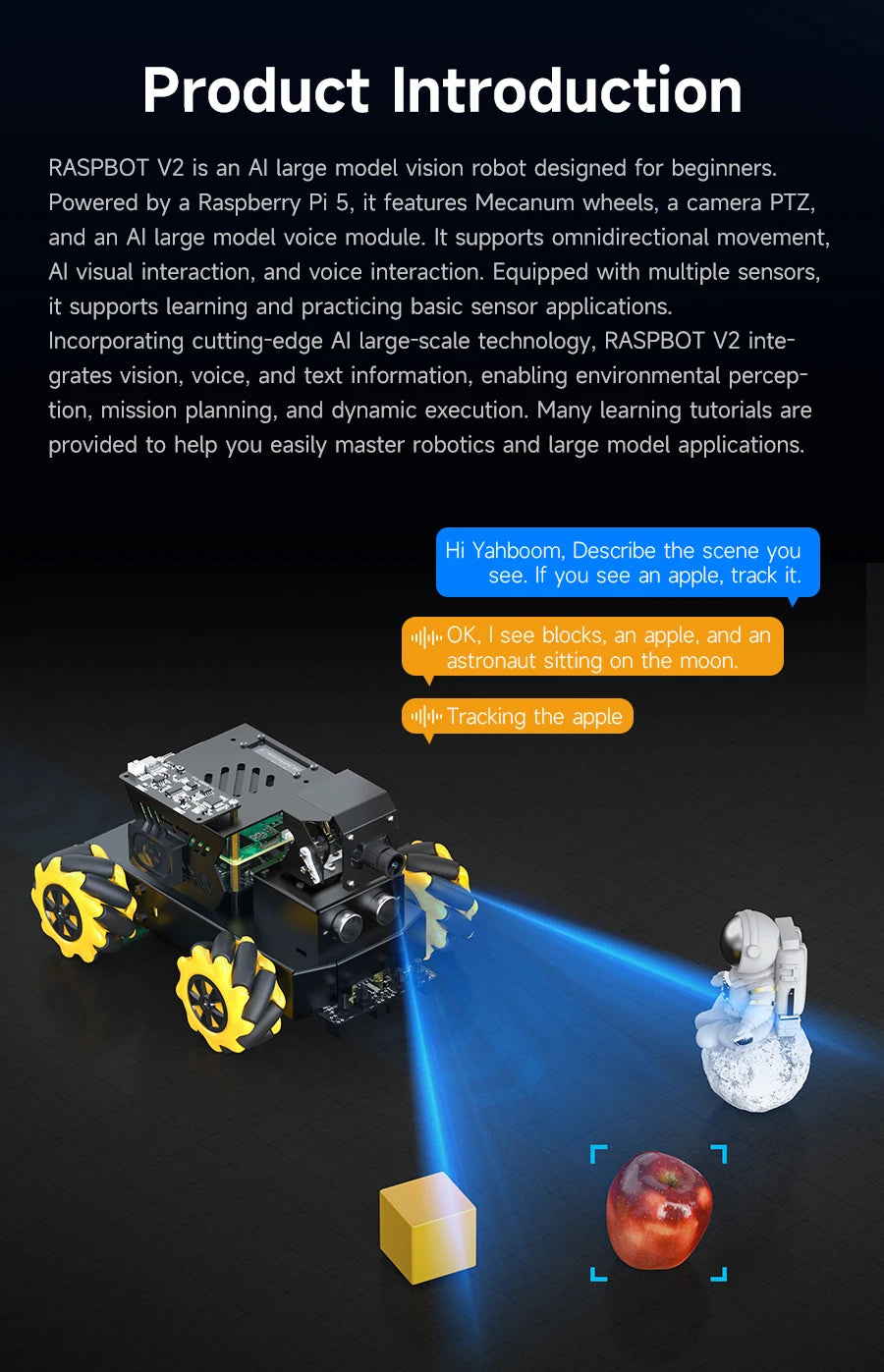 Raspberry Pi 5 4WD Mecanum Robot Car AI Large Model With Camera DIY Educational ROS2-Humble Python Programming Set for Beginners